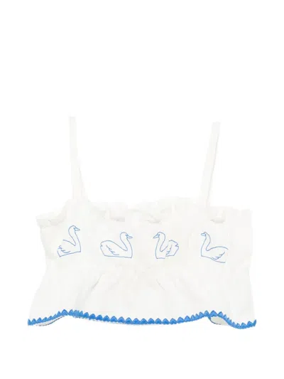 Tiny Cottons Kids' Swan-embroidered Ruffled Top In Neutral