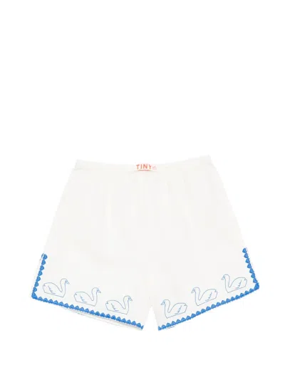 Tiny Cottons Swan-embroidered Scalloped-trim Shorts In White