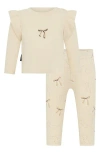 Tiny Tribe Bow Print Ruffle Top & Stripe Leggings Set In Neutral