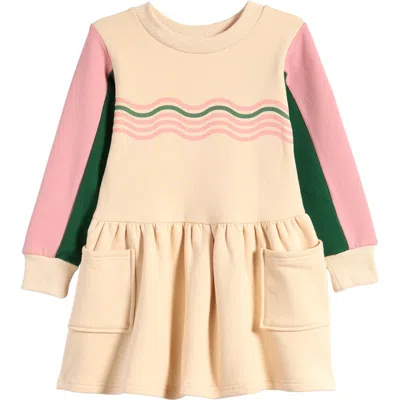 Tiny Tribe Kids' Colorblock Long Sleeve Cotton Sweatshirt Dress In Beige Multi