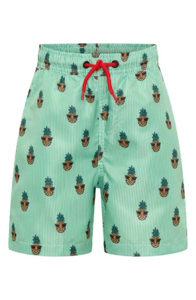 Tiny Tribe Kids' Pineapple Stripe Swim Trunks In Green