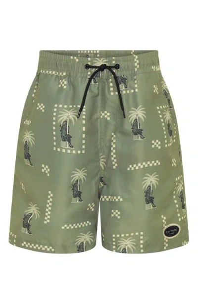 Tiny Tribe Kids' Tiger Island Upf 50+ Swim Trunks In Green