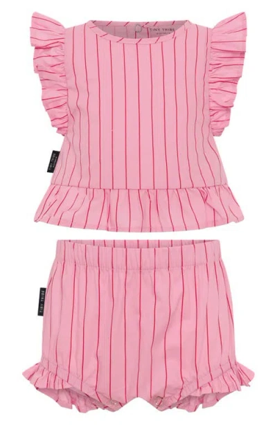 Tiny Tribe Babies'  Lolly Stripe Frill Cotton Top & Shorts Set In Pink