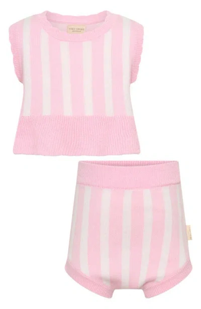 Tiny Tribe Babies'  Stripe Cotton Knit Top & Shorts Set In Pink