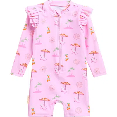Tiny Tribe Babies'  Summer Paradise Ruffle Long Sleeve Upf 50+ One-piece Rashguard Swimsuit In Pink