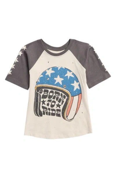 Tiny Whales Kids' Born To Ride Raglan Sleeve Cotton Graphic T-shirt In Faded Black/natural