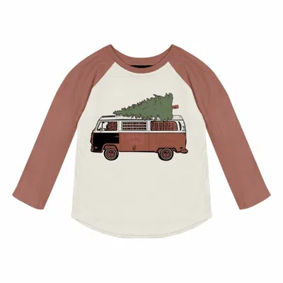 Tiny Whales Kids' Christmas Mobile Longsleeve Raglan Tee In Natural/brick In Brown