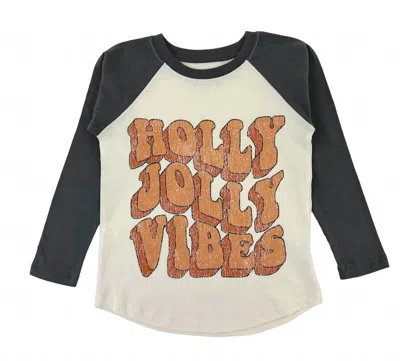 Tiny Whales Kids' Holly Jolly Vibes Long Sleeve Raglan Top In Ecru/ Black
