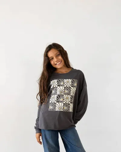 Tiny Whales Kids' Long Sleeve Daisy Check Tee In Faded Black In Gray