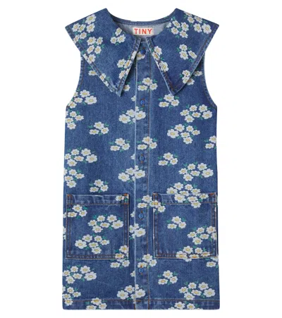 Tinycottons Kids' Blossoms Floral Denim Shirt Dress In Blue
