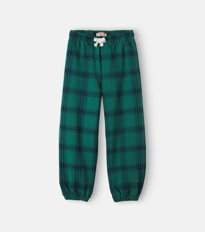 Tinycottons Kids' 格纹棉质针织运动裤 In Green Check