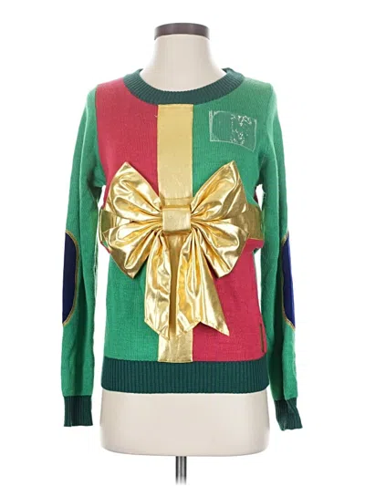 Pre-owned Tipsy Elves Long Sleeve Top Green Crew Neck Tops