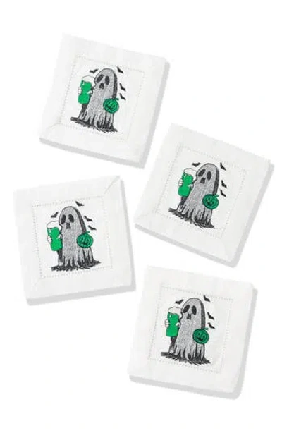 Tiramisu Boo-zy Brew Embroidered Linen Cocktail Napkins In White
