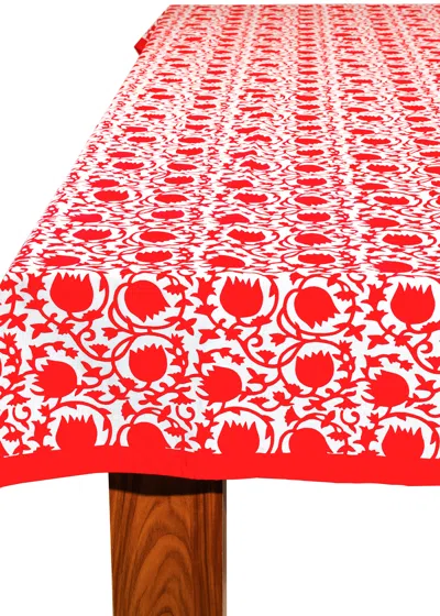 Tiramisu Crimson Bloom Block Print Cotton Tablecloth