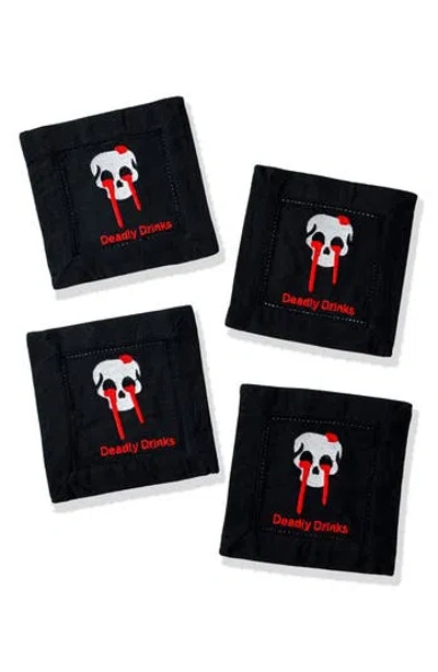 Tiramisu Deadly Drinks Embroidered Linen Cocktail Napkins In Black