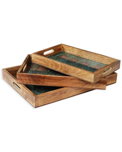 Tiramisu Deer Damask Resin/wood Decorative Trays (set Of 3) In Pink