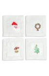 Tiramisu Embroidered Set Of 4 Holiday Cocktail Napkins In White