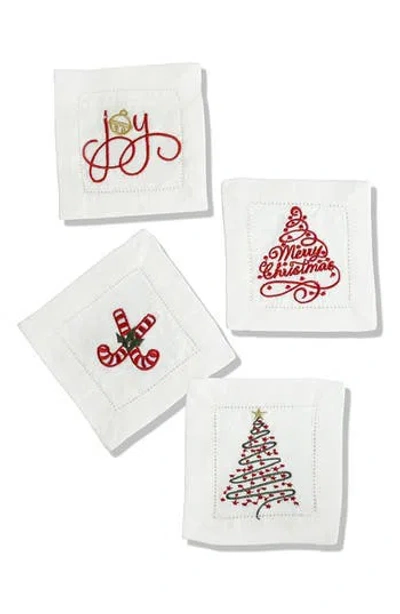 Tiramisu Embroidered Set Of 4 Holiday Cocktail Napkins In White