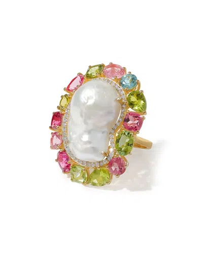 Tiramisu Gold Over Silver 33.34 Ct. Tw. Gemstone & 16-22mm Pearl Statement Ring In White