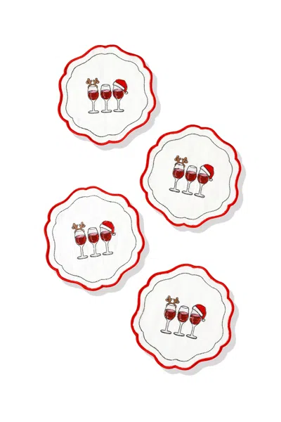 Tiramisu Holiday Cheers Embroidered Cocktail Napkins - Set Of 4 In Red
