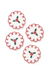 Tiramisu Set Of 4 Holly Berry Charm Embroidered Cocktail Napkins In Red