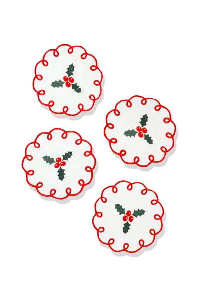 TIRAMISU HOLLY BERRY CHARM EMBROIDERED COCKTAIL NAPKINS - SET OF 4