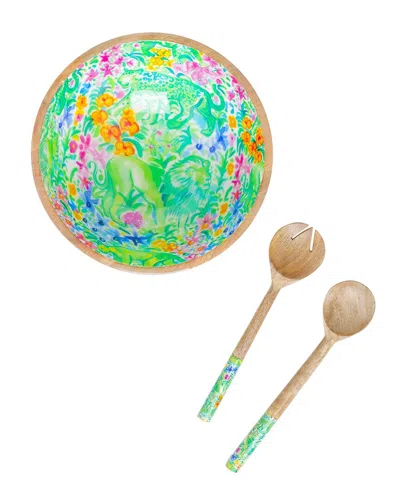 Tiramisu Jungle Paradise Mango Wood Salad Bowl With Servers In Green