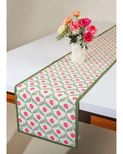 Tiramisu Lotus Garden Block Print Table Runner In Green