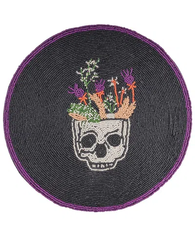 Tiramisu Midnight Skull Botanical Beaded Halloween Placemat In Multi