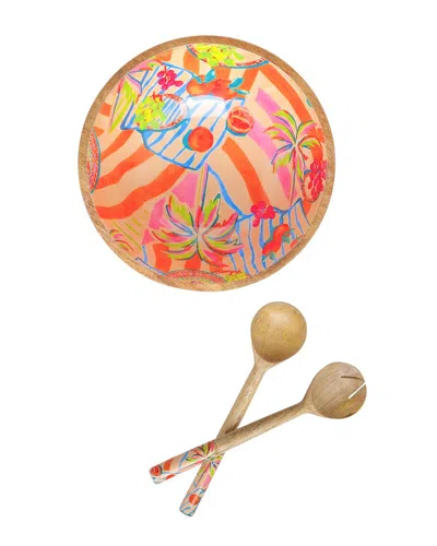 Tiramisu Palm Springs Mango Wood Salad Bowl With Servers In Multi
