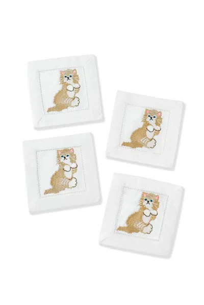 Tiramisu Paws & Whiskers Linen Cocktail Napkins - Set Of 4 In Multi