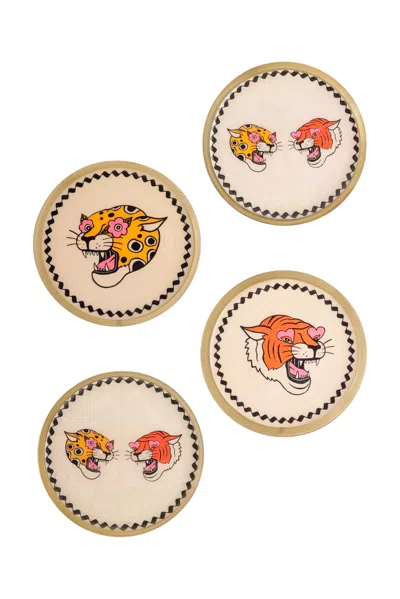 Tiramisu Pop Art Safari Metal Coaster Set (tiger & Leopard) In Pink