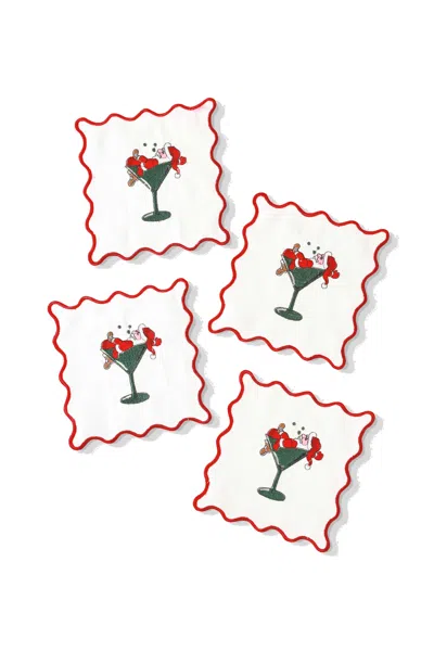 Tiramisu Santa Sips Embroidered Cocktail Napkins - Set Of 4 In Multi