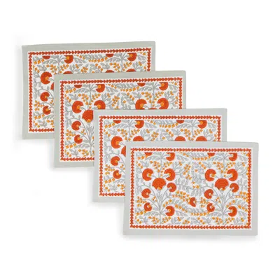 TIRAMISU SCARLET & SLATE: FLORAL BLOCK PRINT COTTON PLACEMATS