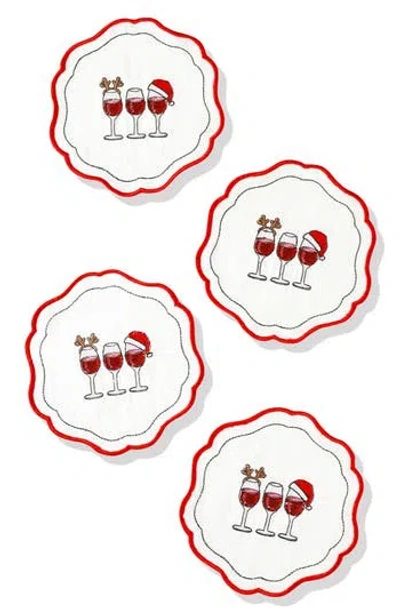Tiramisu Set Of 4 Embroidered Christmas Wine Linen Napkins In Red