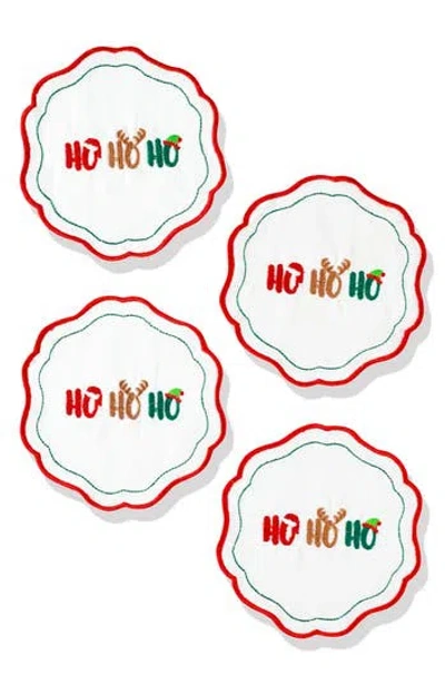 Tiramisu Set Of 4 Embroidered Ho Ho Ho Linen Cocktail Napkins In Multi