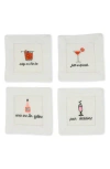 Tiramisu Set Of 4 Embroidered Linen Napkins In White/cocktails