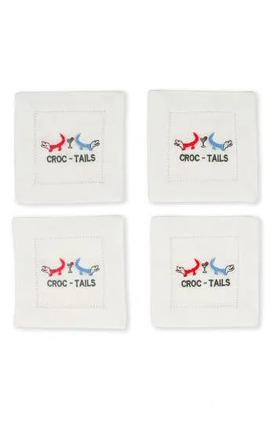Tiramisu Set Of 4 Embroidered Linen Napkins In White/crocs