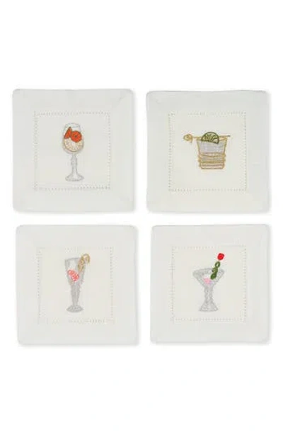 Tiramisu Set Of 4 Embroidered Linen Napkins In White/drinks