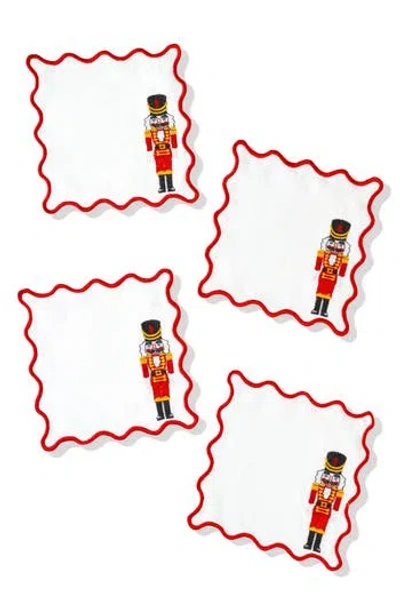 Tiramisu Set Of 4 Embroidered Nutcracker Parade Linen Cocktail Napkins In Red