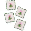 Tiramisu Set Of 4 Embroidered Pink Bow Christmas Tree Linen Cocktail Napkins In Multi