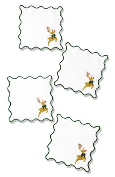 Tiramisu Set Of 4 Embroidered Prancing Reindeer Linen Cocktail Napkins In Multi