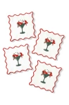 Tiramisu Set Of 4 Embroidered Santa Sips Linen Cocktail Napkins In Multi