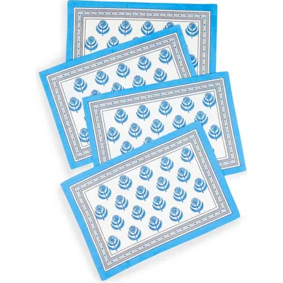 Tiramisu Set Of 4 Floral Block Print Cotton Napkins In Blue