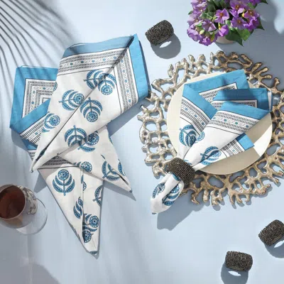 Tiramisu Set Of 4 Floral Block Print Cotton Napkins In Blue