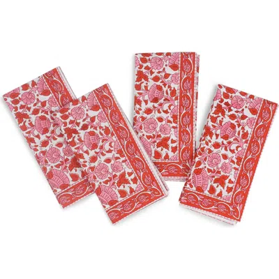 Tiramisu Set Of 4 Floral Block Print Cotton Napkins In Pink