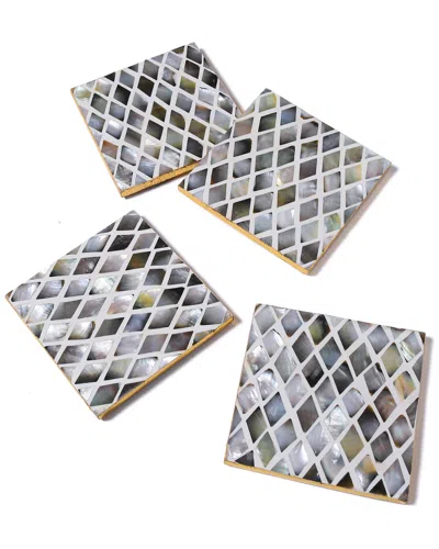 Tiramisu Set Of 4 Mother Of Pearl Coasters- Diamond Pattern In Black