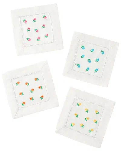Tiramisu Set Of 4 Petite Blooms Linen Cocktail Napkins In White
