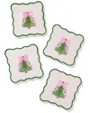 Tiramisu Set Of 4 Pink Bow Evergreen Embroidered Cocktail Napkins