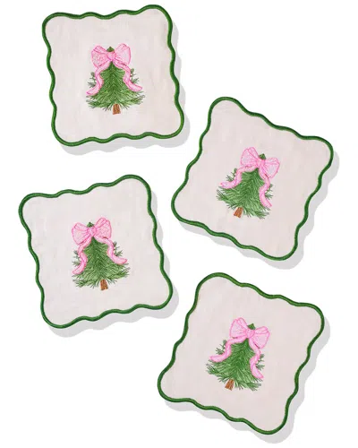 TIRAMISU TIRAMISU SET OF 4 PINK BOW EVERGREEN EMBROIDERED COCKTAIL NAPKINS
